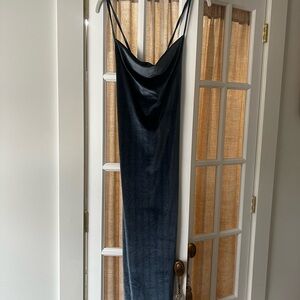 Velvet Blue Slip Dress with Cowl Neck and Back